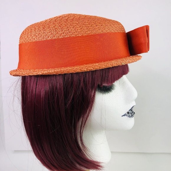 Vintage 1950s Orange Big Bow Strap Cap Pillbox Fascinator Hat Headwear Costume main image 7